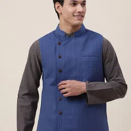Fabindia Men Blue Woven Design Cotton Nehru Jackets-image-99