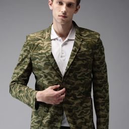 The Indian Garage Co Olive Green Slim Fit Printed Casual Pure Cotton Blazer-image-0