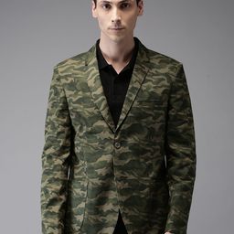 The Indian Garage Co Men Olive Green Slim Fit Camouflage-Printed Casual Blazer-image-95