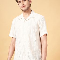 People Off White Self Design Schiffli Regular Fit Casual Shirt-image-98