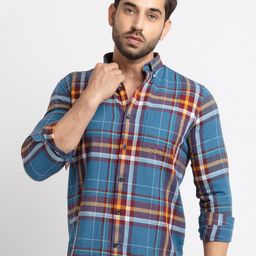 Status Quo Men Blue Slim Fit Tartan Checks Checked Cotton Casual Shirt-image-23