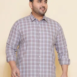 John Pride Plus Size Tartan Checked Spread Collar Cotton Casual Shirt-image-85