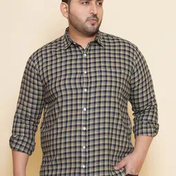 John Pride Plus Size Gingham Checked Spread Collar Cotton Casual Shirt-image-90