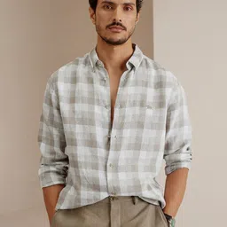 Andamen Premium Slim Fit Tartan Checks Linen Casual Shirt-image-31