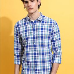 HIGHLANDER Blue Slim Fit Tartan Checked Casual Shirt-image-95