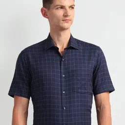 Arrow Grid Tattersall Checks Twill Spread Collar Short Sleeves Cotton Formal Shirt-image-26