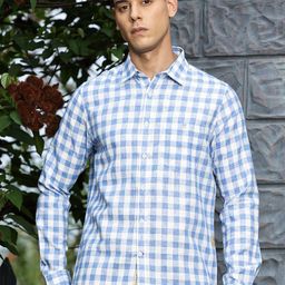 Thomas Scott Premium Slim Fit Checked Spread Collar Linen Cotton Casual Shirt-picture-1