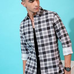 HIGHLANDER Black Slim Fit Checked Spread Collar Long Sleeves Cotton Casual Shirt-image-29