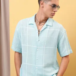 LOCOMOTIVE Premium Dobby Textured Checked Cuban Collar Oversized Shirt-image-71