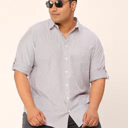 Sztori Plus Size Standard Vertical Striped Roll-Up Sleeves Pure Cotton Casual Shirt-image-66