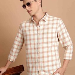 HIGHLANDER Beige Slim Fit Tartan Checks Cotton Casual Shirt-picture-34