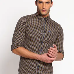 Wrangler Men Navy Blue & Mustard Yellow Slim Fit Micro Checked Printed Casual Shirt-image-52