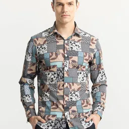 Snitch Beige Classic Slim Fit Printed Casual Shirt-image-7