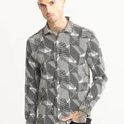 Snitch White & Black Classic Slim Fit Opaque Geometric Printed Casual Shirt-image-19