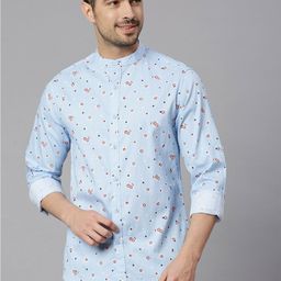 HERE&NOW Blue Classic Slim Fit Floral Printed Mandarin Collar Pure Cotton Casual Shirt-image-10