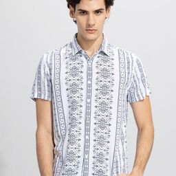 Snitch Blue & White Printed Slim Fit Opaque Casual Shirt-image-43
