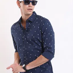 HIGHLANDER Navy Blue Micro Ditsy Printed Long Sleeves Slim Fit Cotton Casual Shirt-image-20