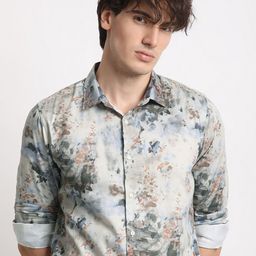 THE BEAR HOUSE Slim Fit Long Sleeves Spread Collar Cotton Opaque Printed Casual Shirt-image-90