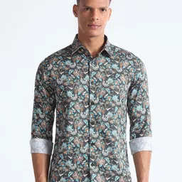 Flying Machine Spread Collar Slim Fit Floral Opaque Printed Cotton Casual Shirt-image-86