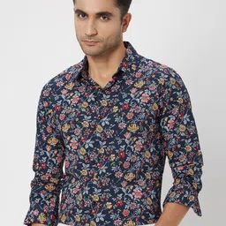 Mufti Men Navy Blue Classic Slim Fit Floral Opaque Printed Casual Shirt-image-77