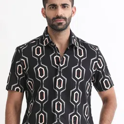 RARE RABBIT Men Chain Boxy Graphic Printed Spread Collar Shirt-image-49