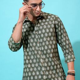 HIGHLANDER Green Slim Fit Ethnic Motifs Printed Spread Collar Cotton Casual Shirt-image-88