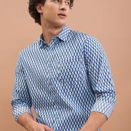 HIGHLANDER Blue Slim Fit Geometric Printed Spread Collar Long Sleeves Casual Shirt-image-50