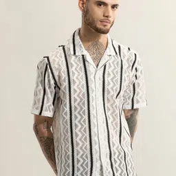 Snitch White Classic Boxy Self Design Cuban Collar Casual Shirt-image-84
