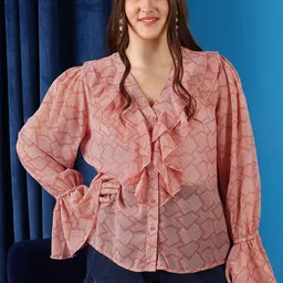 CURVY STREET Plus Size Floral Printed V-Neck Bell Sleeves Ruffled Shirt Style Top-picture-11