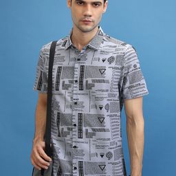 KETCH Grey Slim Fit Opaque Typography Printed Casual Shirt-image-87