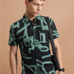 HIGHLANDER Slim Fit Abstract Printed Short Sleeves Cotton Casual Shirt-image-80