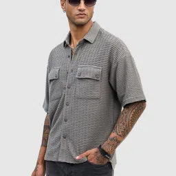 Snitch Men Relaxed Boxy Fit Spread Collar Textured Cotton Casual Shirt-image-86