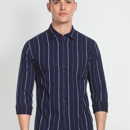 Flying Machine Striped Chambray Pure Cotton Casual Shirt-picture-34