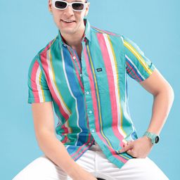 The Indian Garage Co Men Sea Green & Pink Striped Pure Cotton Casual Shirt-image-76