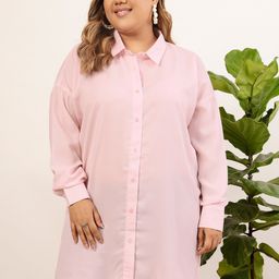 CURVY STREET Plus Size Pink Relaxed Oversized Longline Casual Shirt-image-33