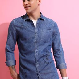 KETCH Blue Slim Fit Denim Casual Shirt-image-49