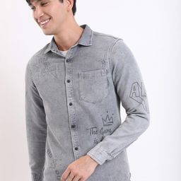 KETCH Typography Printed Spread Collar Denim Slim Fit Casual Shirt-image-100