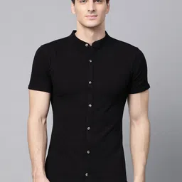 MANQ India Slim Slim Fit Band Collar Short Sleeves Cotton Shirt-image-42