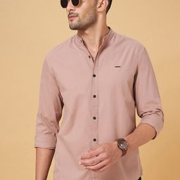People Dusty Pink Slim Fit Mandarin Collar Cotton Casual Shirt-image-81