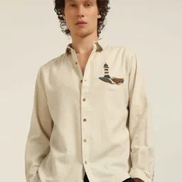 HAMPTONS Patch Embroidered Lighthouse Design Spread Collar Cotton Casual Shirt-image-72
