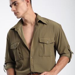 Beyoung Men Spread Collar Solid Cotton Relaxed Fit Casual Shirt-image-7