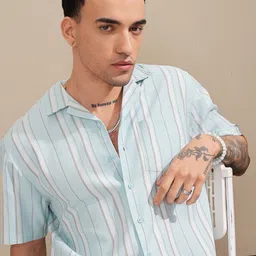 HIGHLANDER Men Vertical Striped Cuban Collar Relaxed Fit Casual Shirt-image-16
