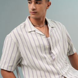 HIGHLANDER Men Vertical Striped Cuban Collar Oversized Casual Shirt-image-49