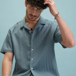 HIGHLANDER Jacquard Textured Striped Cuban Collar Oversized Shirt-picture-4
