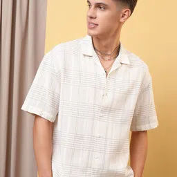 LOCOMOTIVE Premium Dobby Textured Checked Cuban Collar Oversized Shirt-image-74