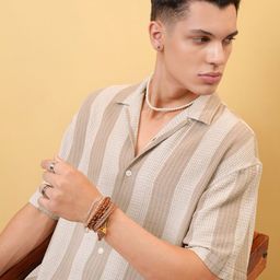 LOCOMOTIVE Premium Dobby Textured Striped Cuban Collar Cotton Oversized Shirt-image-77