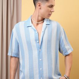 LOCOMOTIVE Premium Dobby Textured Striped Cuban Collar Cotton Oversized Shirt-image-91