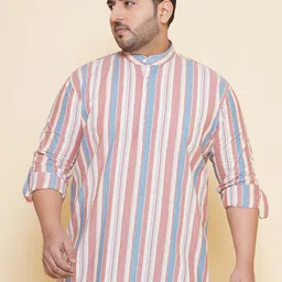 John Pride Plus Size Vertical Striped Band Collar Cotton Linen Casual Shirt-65