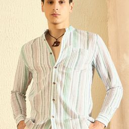 DENNISON Smart Striped Band Collar Casual Shirt-image-58