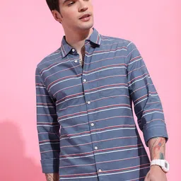 KETCH Blue Slim Fit Horizontal Striped Cotton Casual Shirt-picture-2